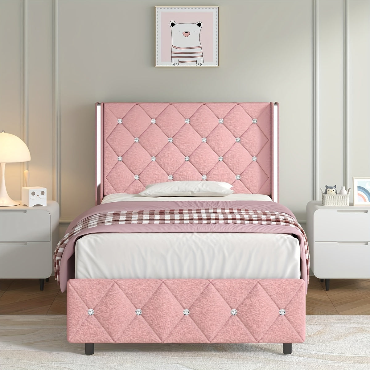 Twin Full Queen King Size Bed Frame, Upholstered Bed Frame with Diamond Tufted Headboard, Modern Silvery Side Wing Back, No Box Spring Needed, Easy Assembly, Purple, Black, Blue, Green, Pink, White