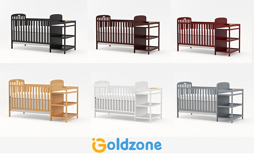 Goldzone 4-in-1 Convertible Baby Crib, Wooden Baby Stuffs Converts Into Toddler Bed with Changing Table, Newborn Essential Items Full Size Nursery Decor Cribs, Adjustable Heights, Item Weight: 56lbs, Maximum Weight Recommendation: 50lbs