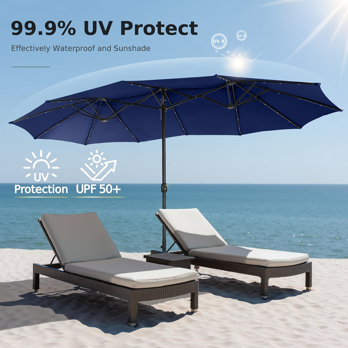 13-foot Double-sided Patio Umbrella with Solar Lights, Includes Base Stand, Large Outdoor Patio Umbrella with Crank Handle, Oversized Outdoor Market Umbrella, 12 Heavy-duty Ribs, Suitable for Outdoor, Market, Patio, Deck, Pool, Backyard, and Other