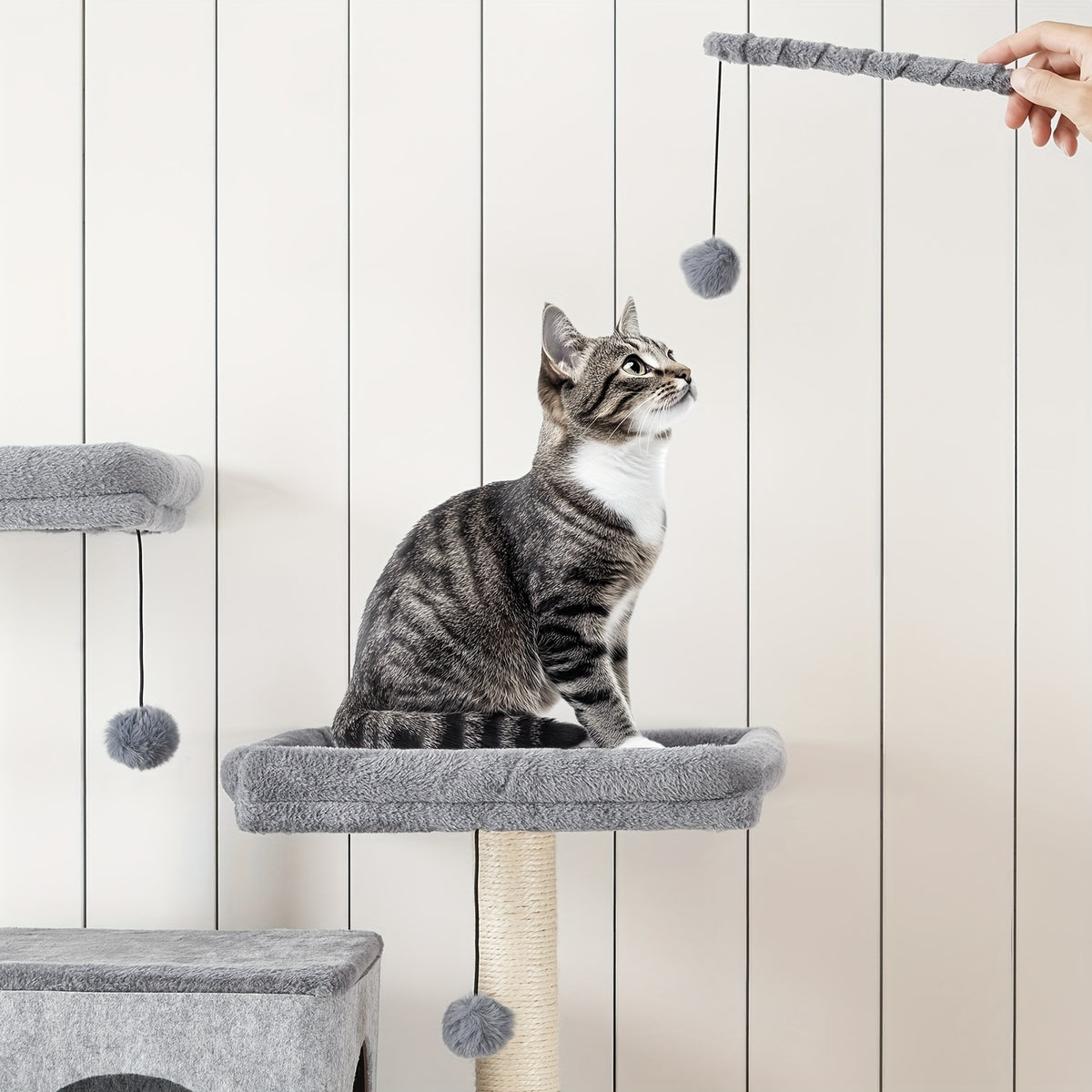 Double Litter Box Enclosure with Cat Tree, 45.3"L X 17.7"W X 68.9"H All-In-One Modern Cat Tower with Cat Bed, Hidden Litter Box Enclosure Furniture, with Hammock, Sisal Posts, Greige
