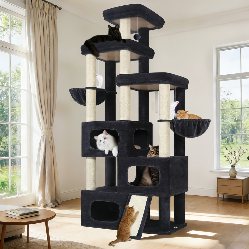 A Robust 85-Inch Cat Tree Designed for Larger Felines, Featuring a Spacious Condo, Sisal Scratching Post, Ramp, And Perch, Suitable for Cats Over 20 Lbs. Ideal for Homes with Multiple Cats, Including Maine Coons