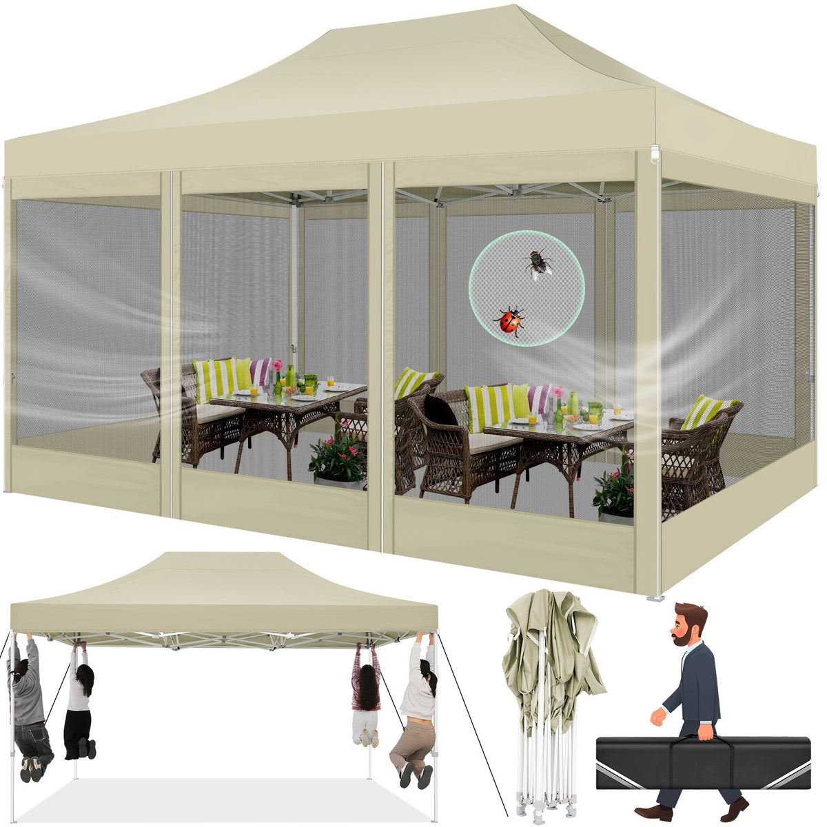 Hoteel 10x15 Heavy Duty Pop Up Canopy Tent with 4 Sidewalls, Commercial Gazebo Party Tent with Mosquito Netting Wall Easy Up Outdoor Instant Screen Tent for Backyard, Beach, Patio, Garden