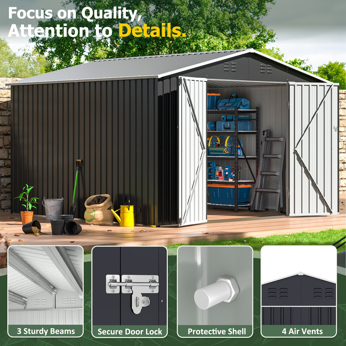 8x8/10x10 FT Outdoor Storage Shed, Garden Shed With Updated Frame Structure And Lockable Doors, Metal Tool Sheds For Backyard Garden Patio Lawn, Grey