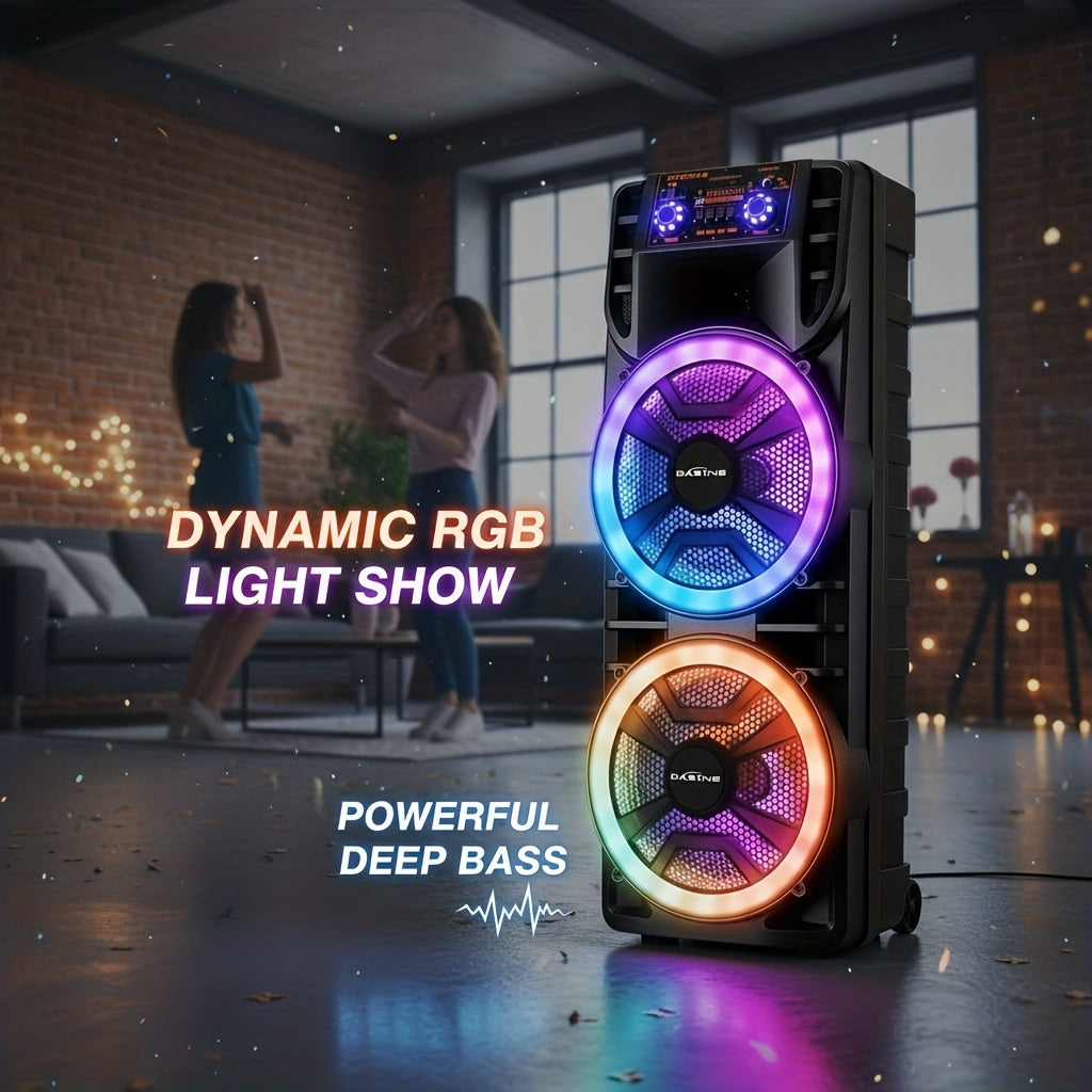 Dual 12" Portable BT Wireless Party Speaker - Powerful Bass, Loud Sound, RGB Light Show, EQ Controls (Treble/Bass/Delay/Volume), Lightweight for Outdoor/Indoor Party Events Karaoke PA System