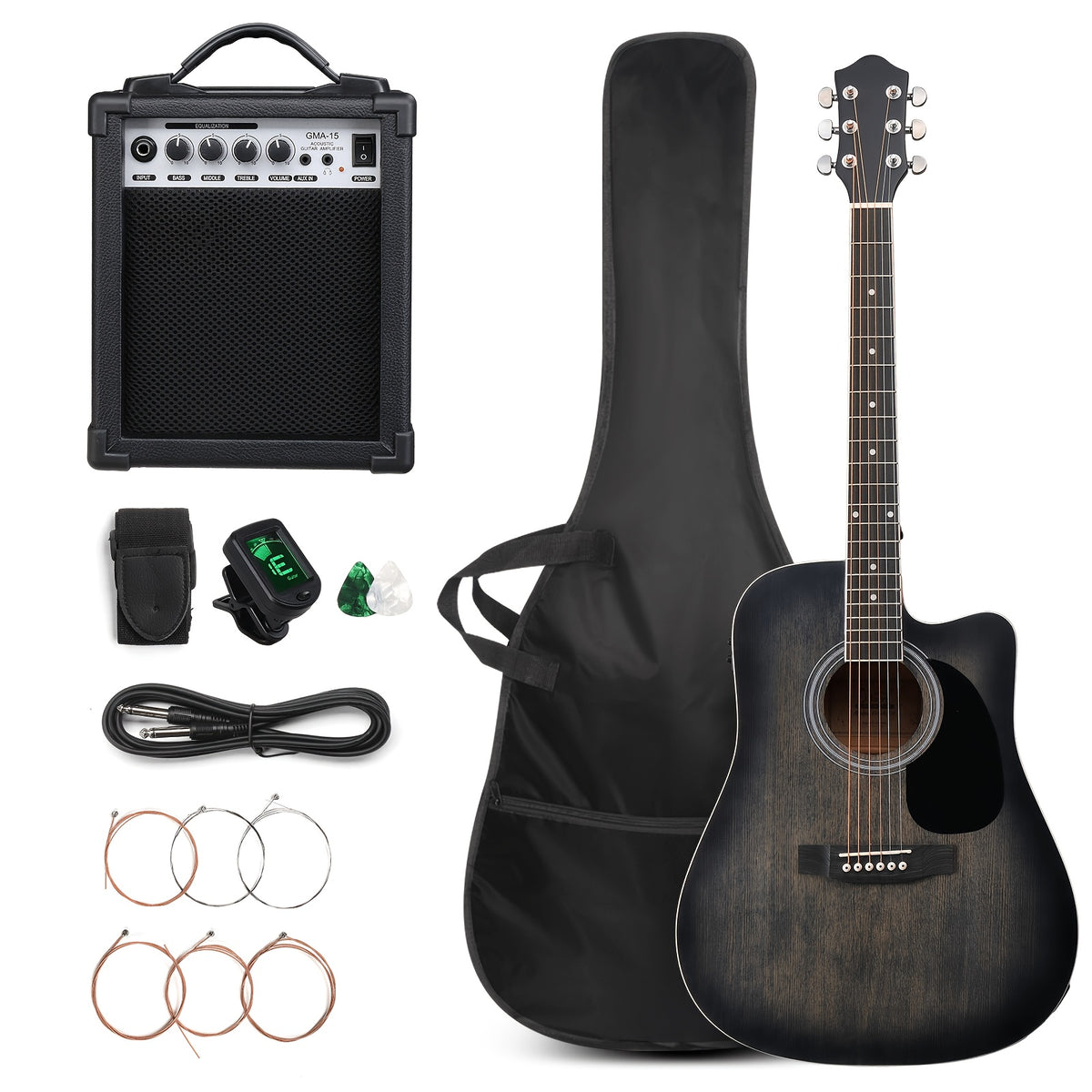 Bonnlo Electric Acoustic Guitar Kit, Full Size Acoustic Folk Guitar, 6-String, Cutaway Design, with AMP, Built-In Tuner, Bag, Strap, Picks, Complete Additions, ALL-IN-ONE Set for Beginner, Birthday/Festival Gift for Music Lovers