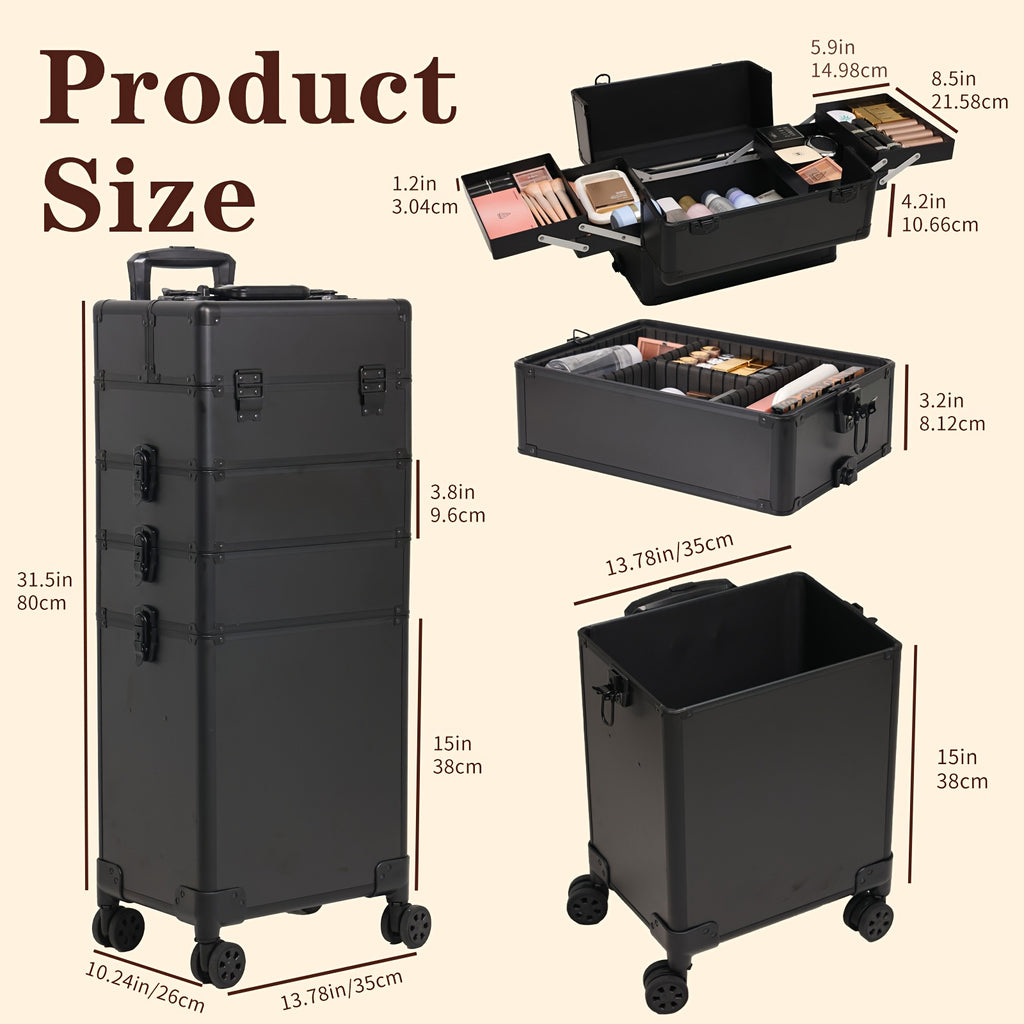 4 in 1 Professional Rolling for makeup Train Case | Extra Large Black Aluminum Cosmetic Trolley with Detachable Modular Design and 360° Swivel Wheels for Makeup, Nail, and Tattoo Artists | Ideal Christmas Gift for Hairdressers/Beauticians