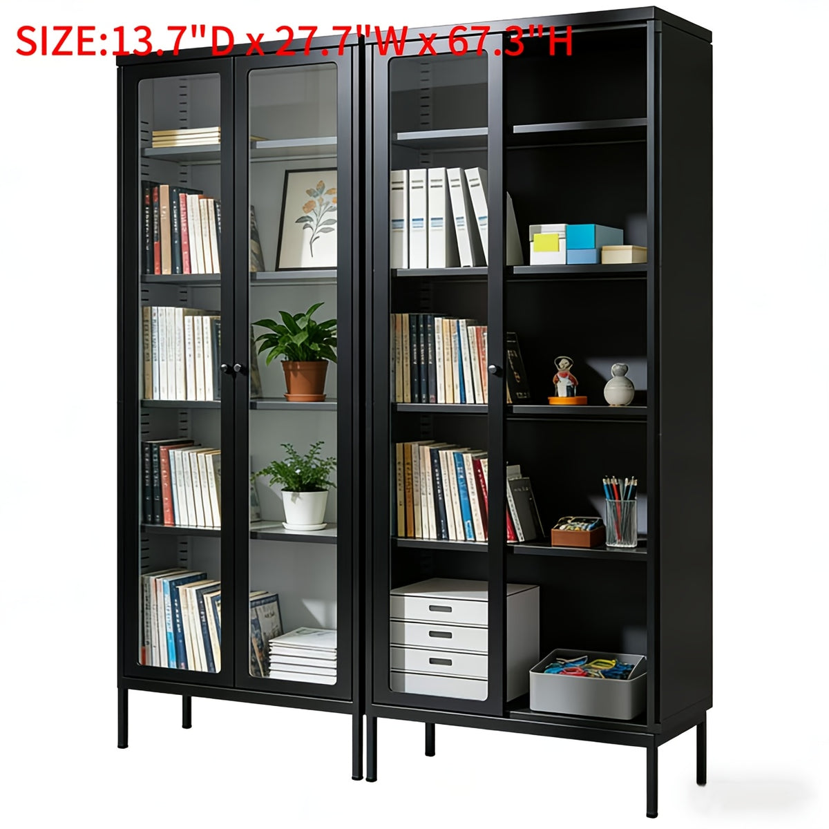 67 Inch Metal Storage Cabinet, Tall Curio Display Glass Cabinet Bookcase with 2 Glass Doors And 4 Shelves, Modern Floor Utility Locker for Office Living Room Bathroom Home Entryway
