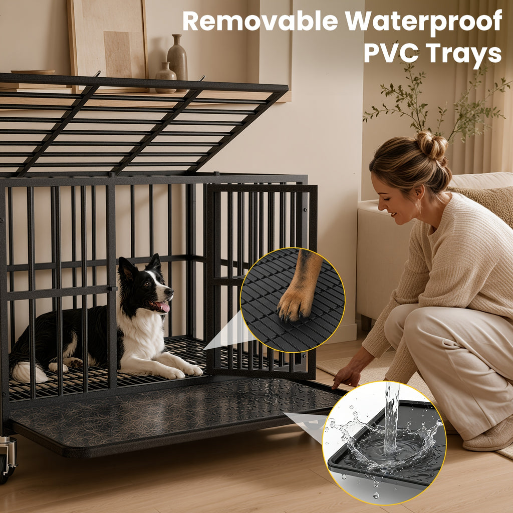 [Indoor Dog Crate] Heavy Duty Simple Version Round Pipe Iron Dog Crate, Indoor Double Door Dog Crate With Wheels With Removable Tray