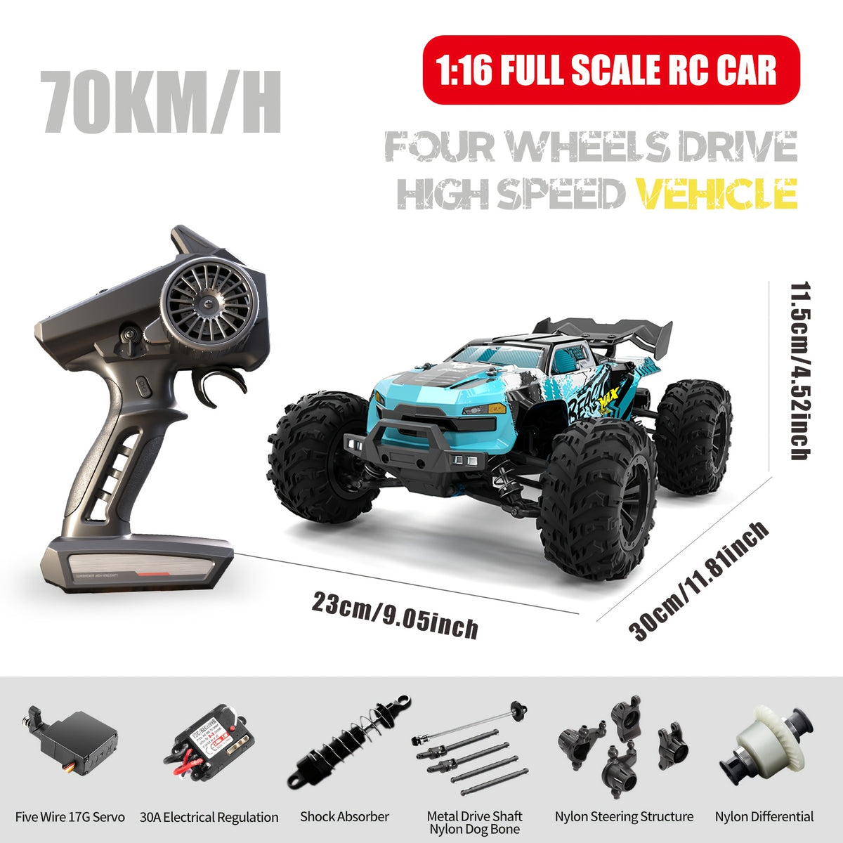 ZHUOYOU 1:16 4WD Off Road High Speed RC Car with Head-up Wheel, 70KM/H Racing Drifting Vehicle, RC390 Motor, 2.4Ghz Remote Control, Supports Cars Racing Together, LED Lights, All Terrain Application