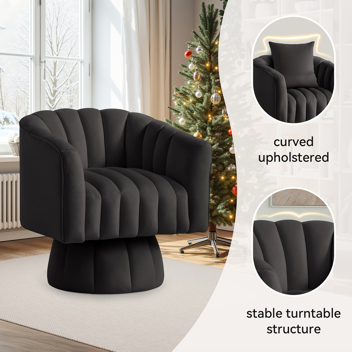 Rotating Decorative Chair, 360° Swivel Barrel Chair, Mid-century Modern Chair, Wide Soft Cushion, Modern Velvet Fabric, Round Armchair, Suitable For Living Room, Lounge, Bedroom, Black, Free Shipping