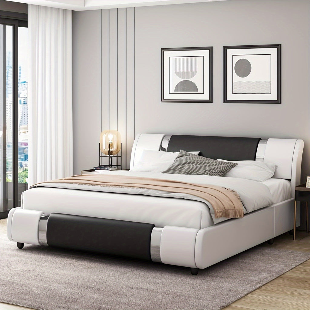 Contemporary Platform Bed Frame Made of Faux Leather, Featuring Iron Metal Accents, an Adjustable Headboard, And Wooden Slats for Support, Eliminating The Need for a Box Spring
