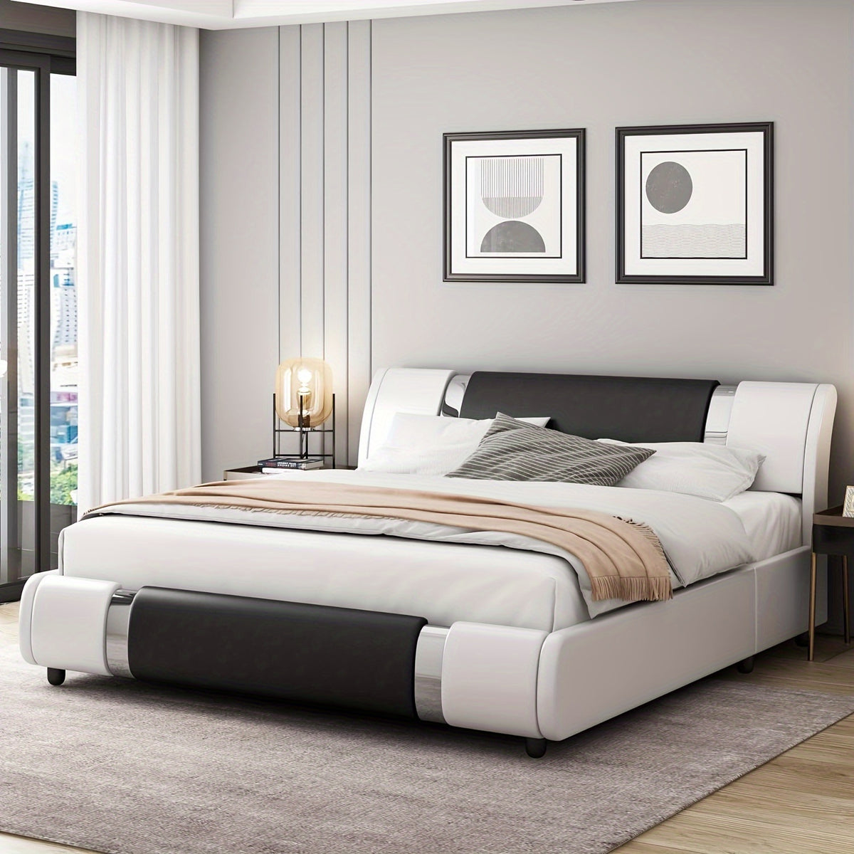 Contemporary Platform Bed Frame Made of Faux Leather, Featuring Iron Metal Accents, an Adjustable Headboard, And Wooden Slats for Support, Eliminating The Need for a Box Spring