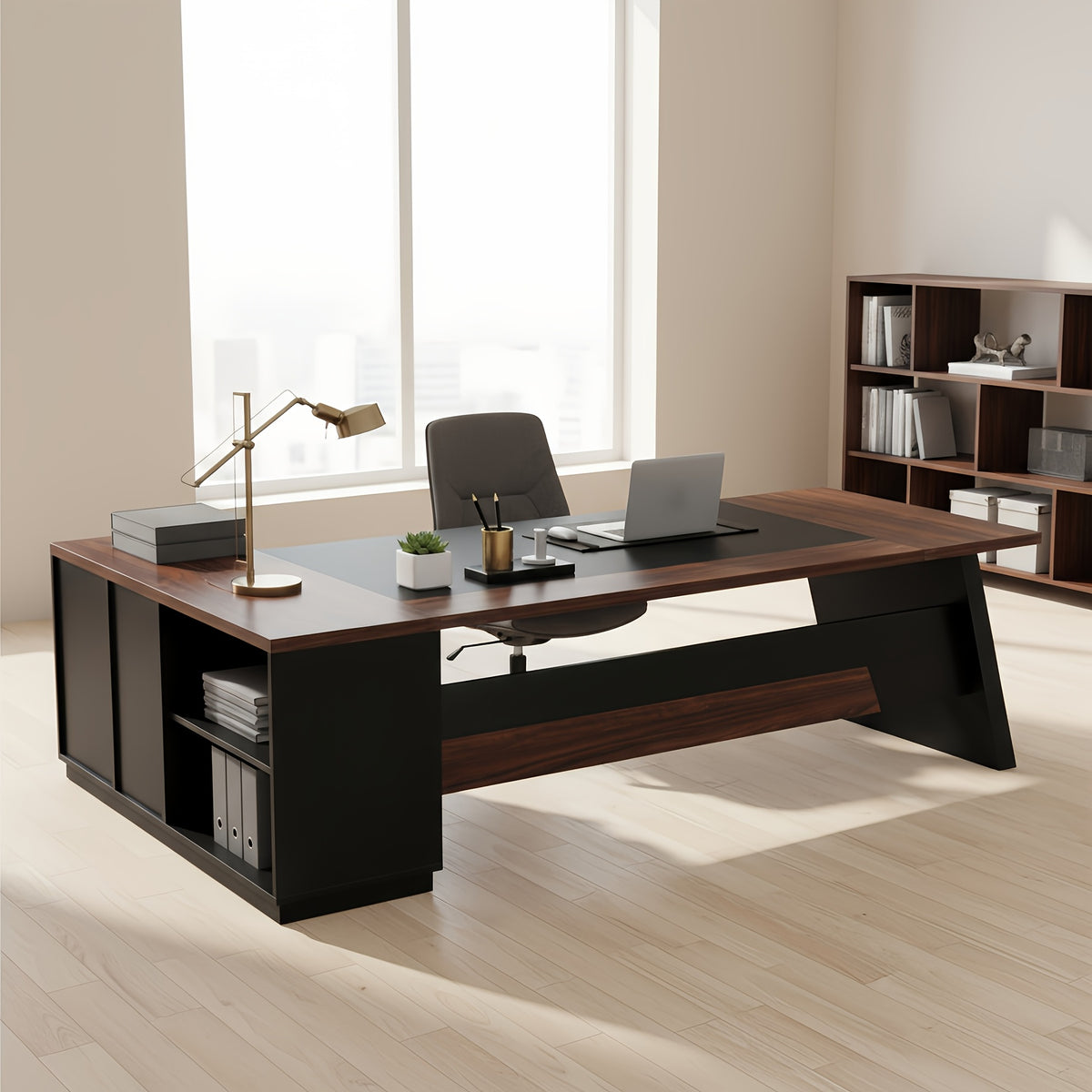 78 Inch L-Shaped Executive Desk, Modern Home Office Desk with Storage Shelves, Large Computer Desk with Drawers and Lateral File Cabinet, Workstation for Home Office
