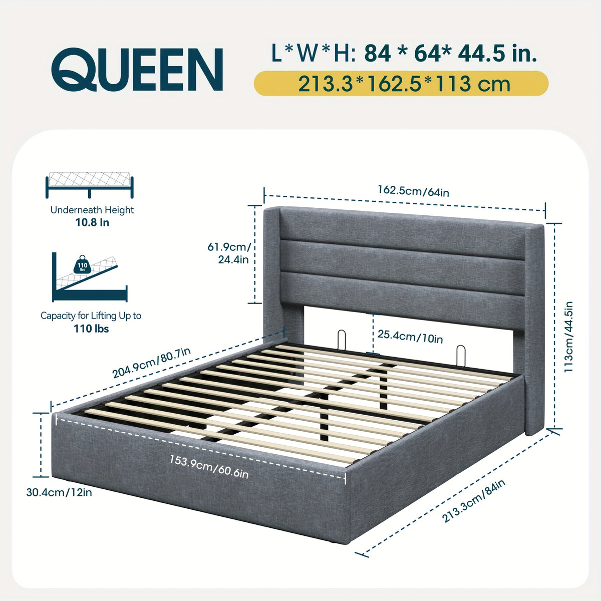 WEEWAY Lift Up Storage Bed, Modern Wingback Upholstered Headboard, Hydraulic Platform Bed, Wooden Slats Support, Heavy Duty Mattress Foundation, No Box Spring Needed, Easy Assembly, Full/Queen/King Size, for House Bedroom Furniture, Free Shipping