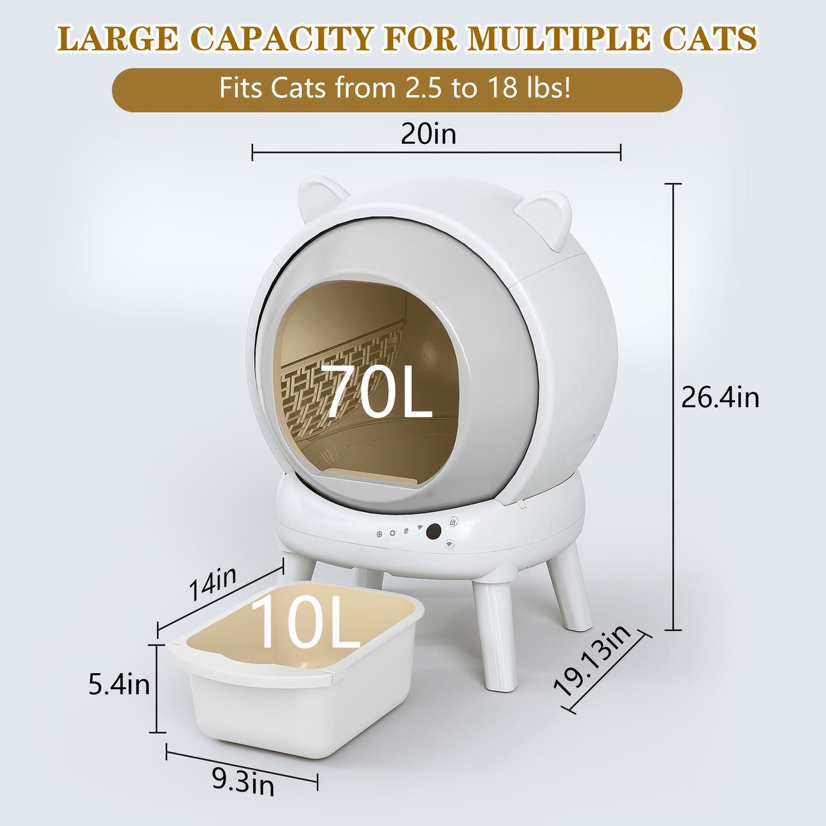 18.49gal Self Cleaning Litter Box, Automatic Cat Litter Box for Multi Cats, Auto Litter Box Robot with APP Control, Dual Safety Sensors, Odor Control&Low Noise, Cat Ears Design, Without Battery