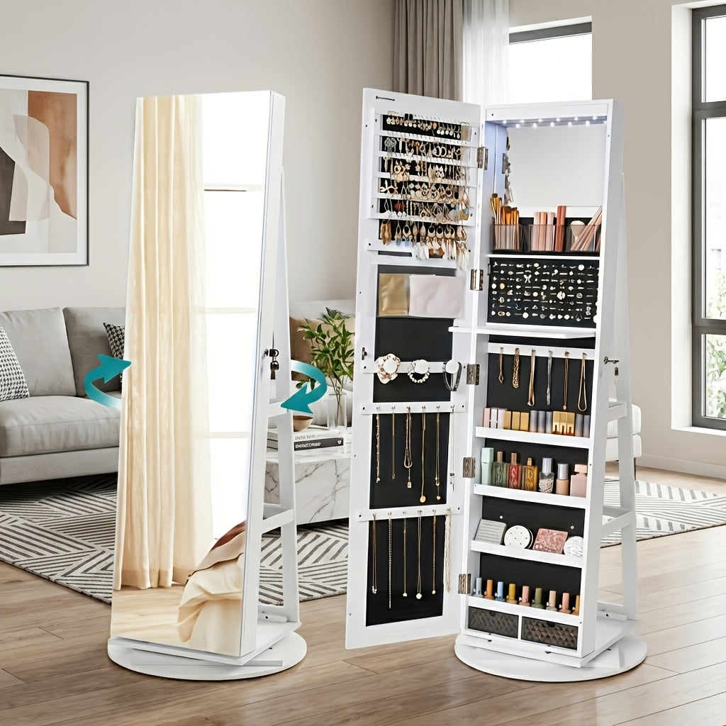 6 LEDs Lockable Mirror Jewelry Cabinet, 360° Swivel Jewelry Organizer Armoire Standing, Frameless Full-Length Mirror, 3 Storage Shelves, Christmas Gifts, Jewelry Armoires