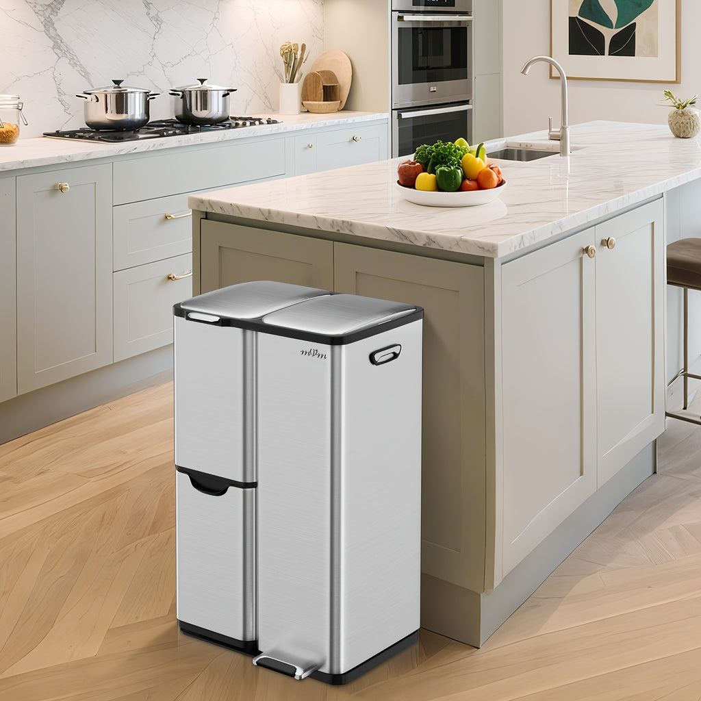 16 Gallon/60L Heavy-Duty Stainless Steel 3-Compartment Trash Can with Dual-Action Pedal & Hands-Free Operation, Odor-Proof Wet/Dry Separation System, Silent Close Lid, Removable Bins - Commercial/Residential Kitchen/Office Waste Disposal