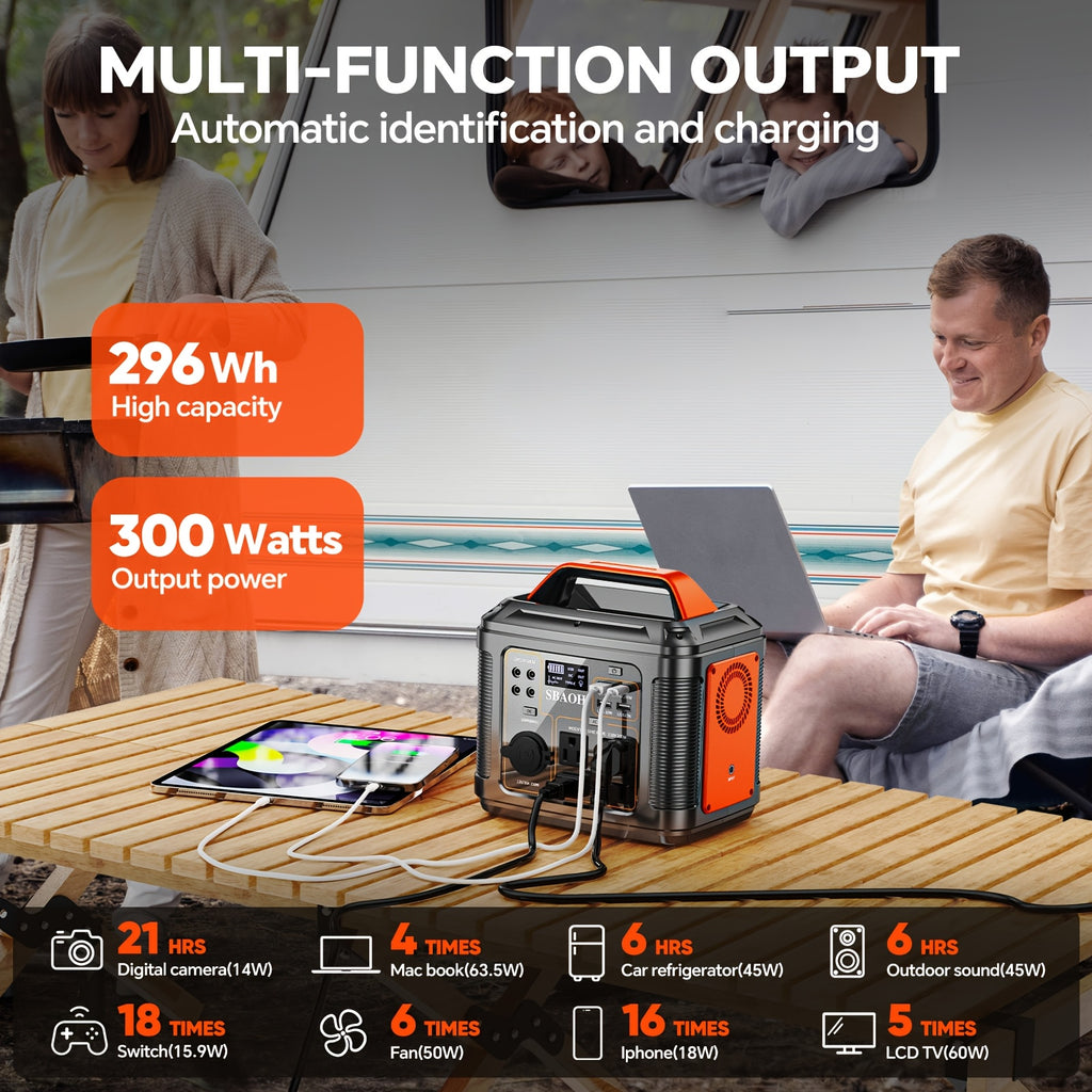 SBAOH 300W Portable Power Station, 296Wh 80000mAh Powerbank with AC & DC Output/Fast Charging/Flashlight/ RV/Emergency Backup/Camping Power Supply, Orange