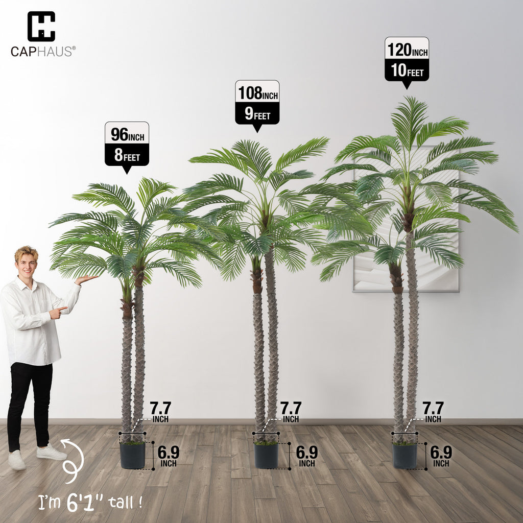 CAPHAUS 10FT Artificial Phoenix Palm Tree, Double Stem Faux Palm with Black Pot, Realistic Fake Plant for Indoor Outdoor Home Office Patio Décor, Low Maintenance Large Artificial Palm Tree