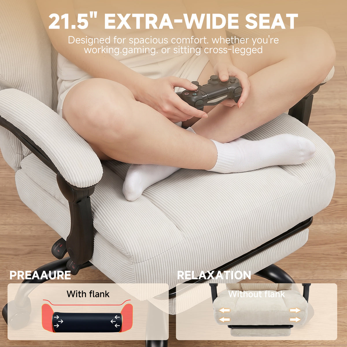 Ergonomic High Back Office Chair with Linkage Widened Armrest, Big&Tall Executive Office Chair, Gaming Chair, Thick Pocket Spring Wide Seated Cushion, Desk Chair with Retractable Footrest for Adults, Faux Leather/Corduroy/Fabric, OC-305
