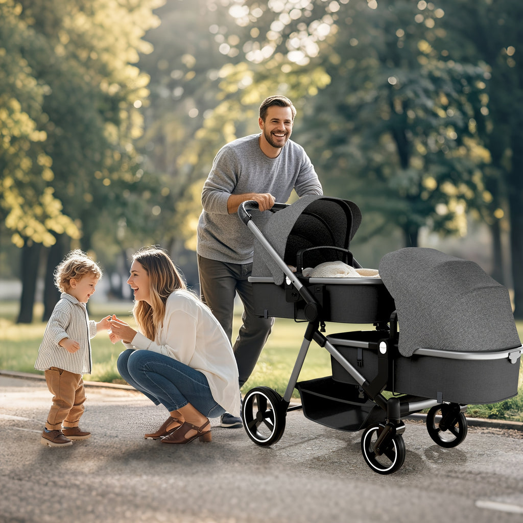 Foldable Double Stroller - Tandem Design with Adjustable Backrest, Reversible Seat, Five-point Safety Harness and Storage Basket - Convertible Bassinet for Infants and Toddlers