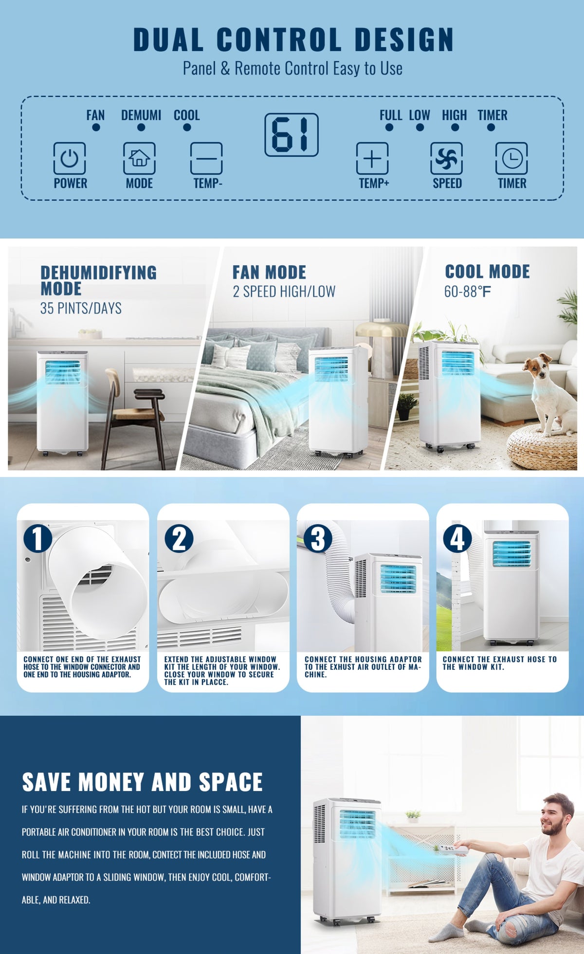 Portable Air Conditioner 8000 BTU, Remote Control, Fan Mode, Cools 250sq. Ft, 24 Hour Timer, Quiet Operation, 2 Fan Speed for Bedroom Office Home Dorm
