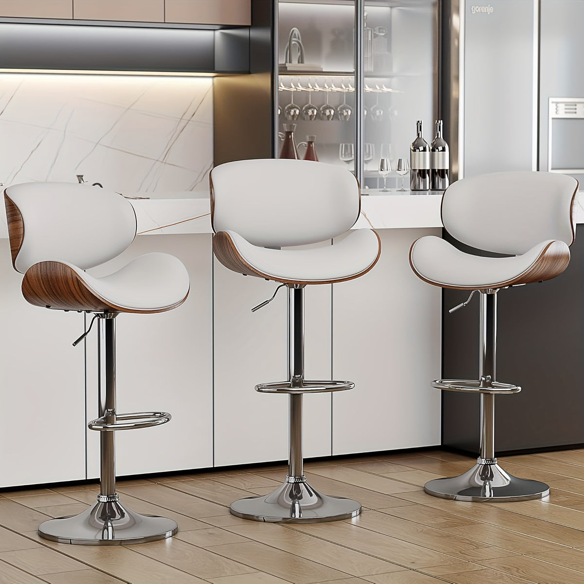 3pcs Modern Faux Leather Upholstered Bar Stools, 360° Swivel Adjustable Height with Backrests, Metal Tall Bar Stools Counter Height for Kitchen Island, Hydraulic Island Barstools