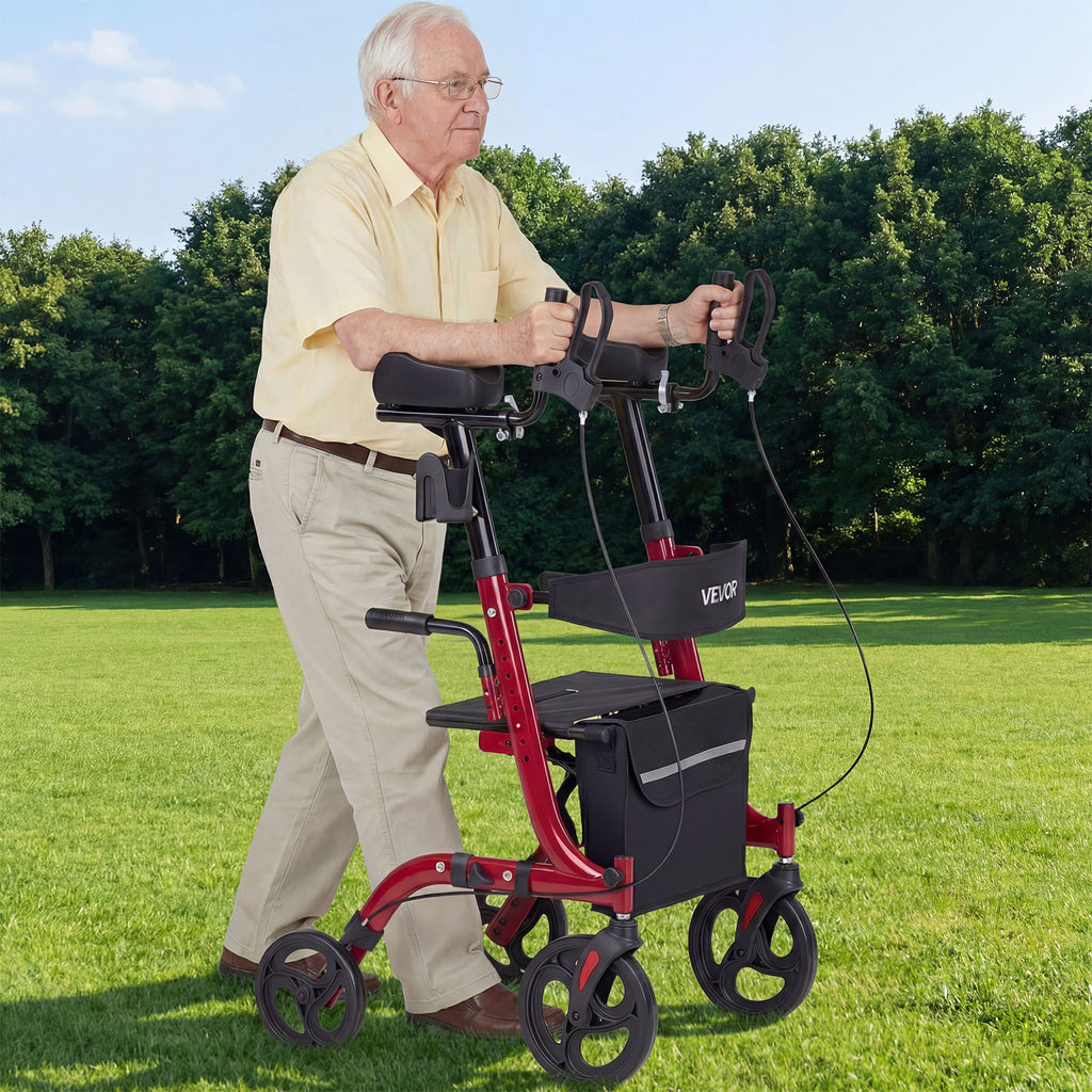 VEVOR Rollator Walker with Seat for Seniors, Foldable Rolling Walker, Lightweight Aluminum Mobility Walking Aid with PVC Solid Wheels, Adjustable Handle, Storage Bag, Cup/Cane Holder - Supports 300LBS