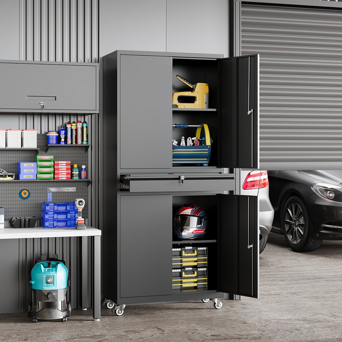 73" Heavy-Duty Steel Garage Storage Cabinet with Lockable Doors & 4-Wheel Mobility System, 1-Drawer Tool Cabinet with Spacious Work Surface - Modern Floor-Standing Design for Home Garage Organization, Workshop Storage, Assembly Required (Locks Not Include