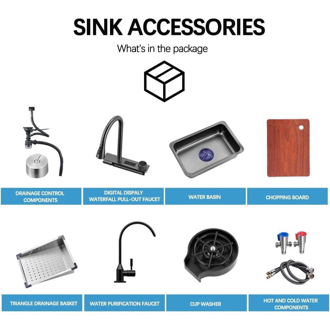 33x22 INCH Black Nano Drop In Kitchen Sink 304 Stainless Steel Waterfall Sink with Pull Down Spray head Faucet Single Bowl Drop In Kitchen Sink Workstation