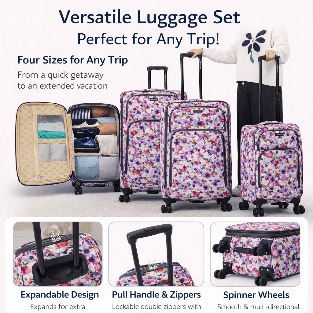 4-Piece Softside Spinner Luggage Set (20+24+28+32 inch) Lightweight Travel Suitcases with 360° Wheels, Telescopic Handle, Multi Pocket Design