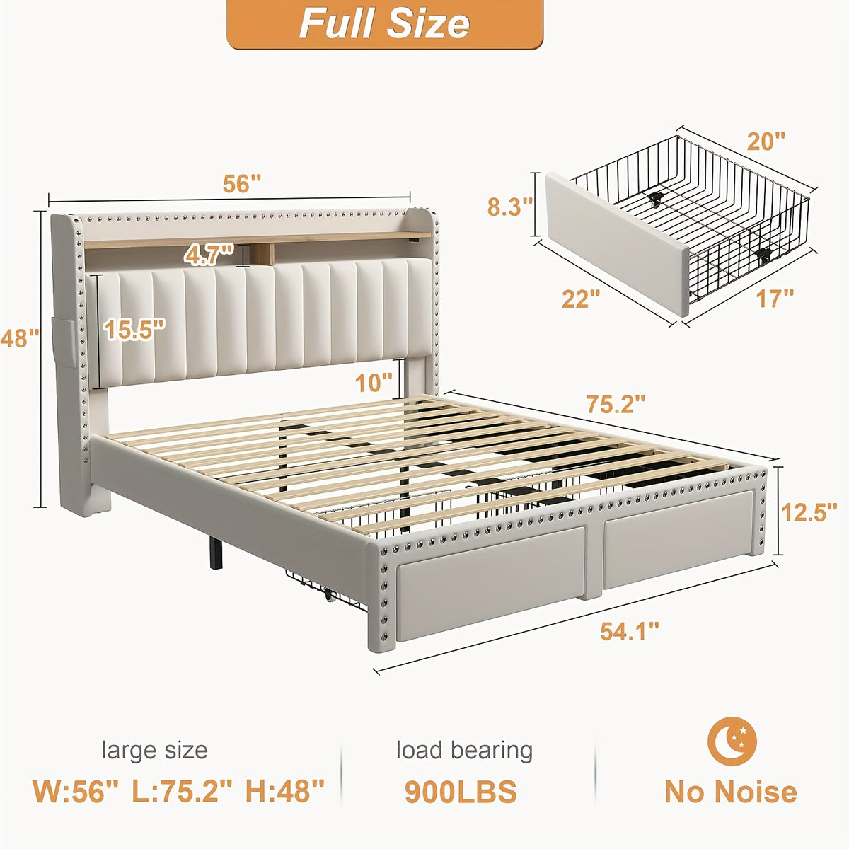 Soft Upholstered Bed Frame with 2 Storage Drawers & Naked Mattress Foundation | Full/Queen/King Size Low Profile Platform Bed Base, Heavy Duty 1000lbs Steel Frame, No Box Spring Needed for Apartments/Dorms | Easy Assembly (Gray/Beige)