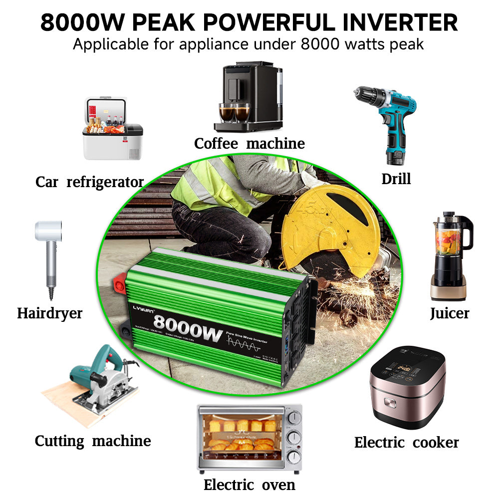 Pure Sine Wave Inverter 8000 Watt (Peak) Vehicle Power Inverter, Converts 12 Vdc to 110 Vdc to 120 Vdc, with LCD Display, Remote Control and Troubleshooting, 4 US Sockets for Car Onboard Chargers, for Home Solar Systems, RV's, and Vans, without Batteries