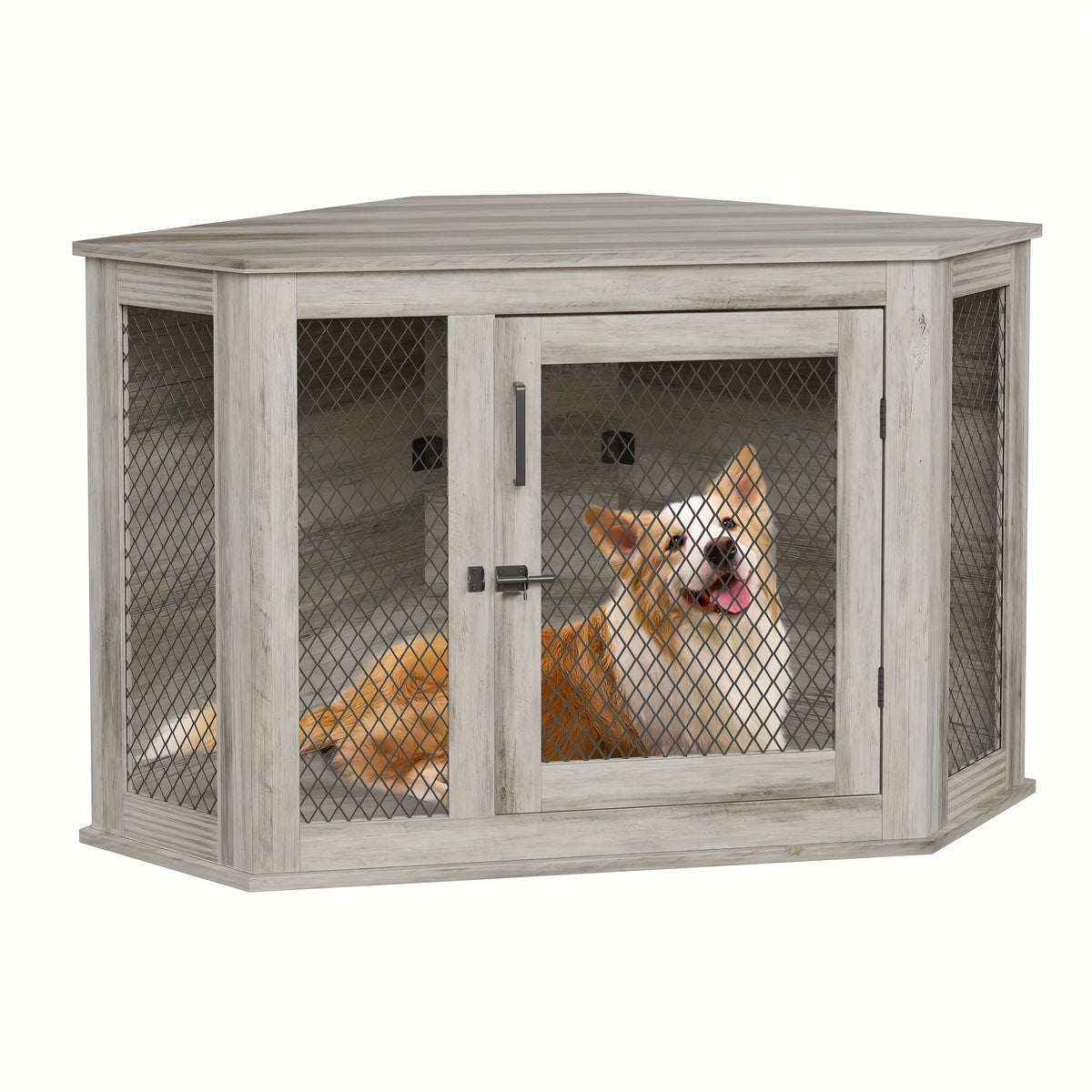 [Wooden Dog Kennel Furniture] Corner Dog Crate Furniture, 44/52Inch Wooden Dog Kennel Furniture with Mesh, Decorative Wood Dog House for Indoor Use, Dog Crate for Small/Medium Dog, Perfect for Limited Room