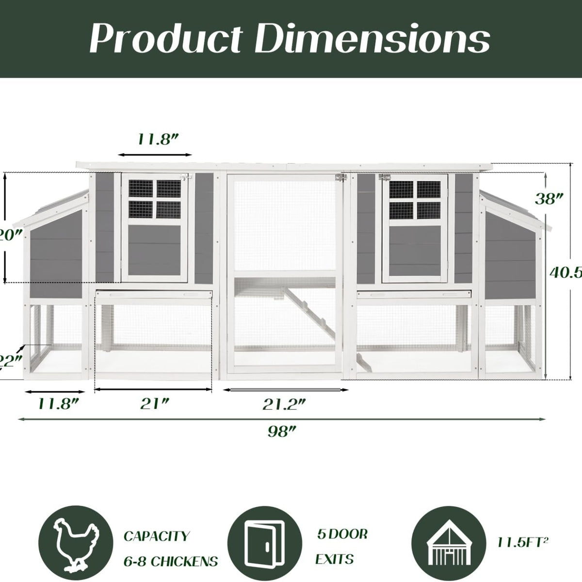 98" Large Chicken Coop For 6-8 Chickens | Wooden Chicken Hutch With Nesting Boxes, Outdoor Hen House Chicken Cage By Yodolla
