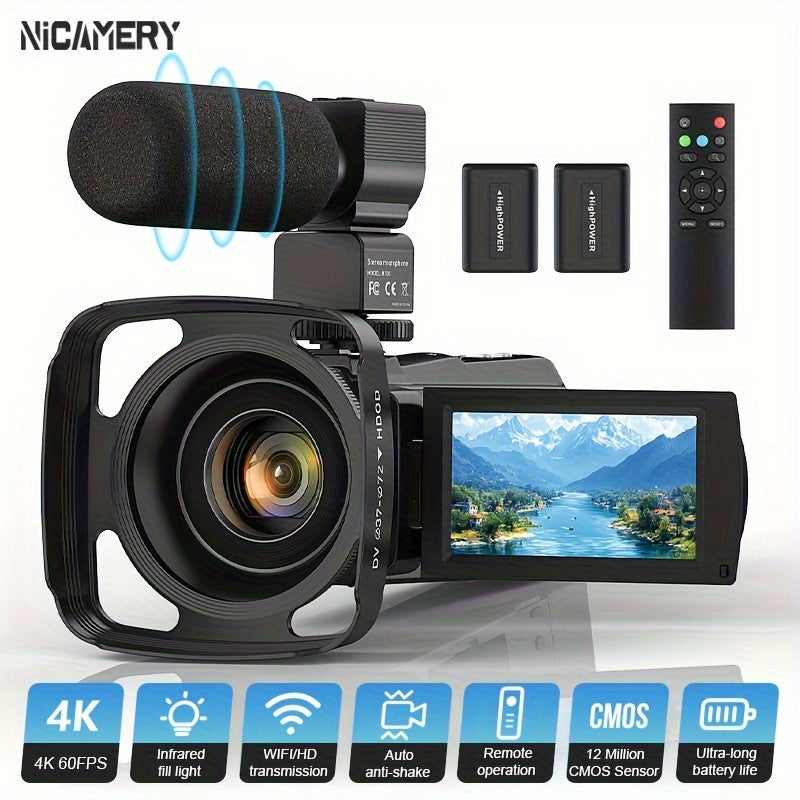 NEW 4K 60FPS HD Camcorder, Support External Microphone, WIFI Transmission And HD Output, Six-axis Anti-shake, Remote Control Operation, Accurate Autofocus, 3.0-inch Capacitive Touch Screen That Can Be Rotated By 270 Degrees, 80-degree Angle