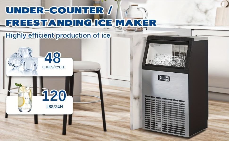 100/120 Lbs/24H Commercial Ice Maker, 48 Cubes/11mins, 33 Lbs Ice Storage Capacity, Counter Ice Maker Self Cleaning, 24 Hour Timer Stainless Steel Under Counter/Freestanding Ice Maker Machine