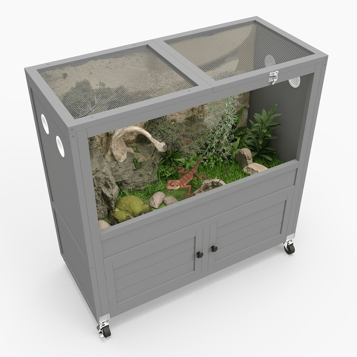 [Reptile Terrarium Stand] 50 Gallon Reptile Terrarium Stand, Adjustable Storage Cabinet, Wheels & Metal Mesh Roof Door, Reptile Habitat Enclosure for Snake/Lizard/Gecko/Tortoise