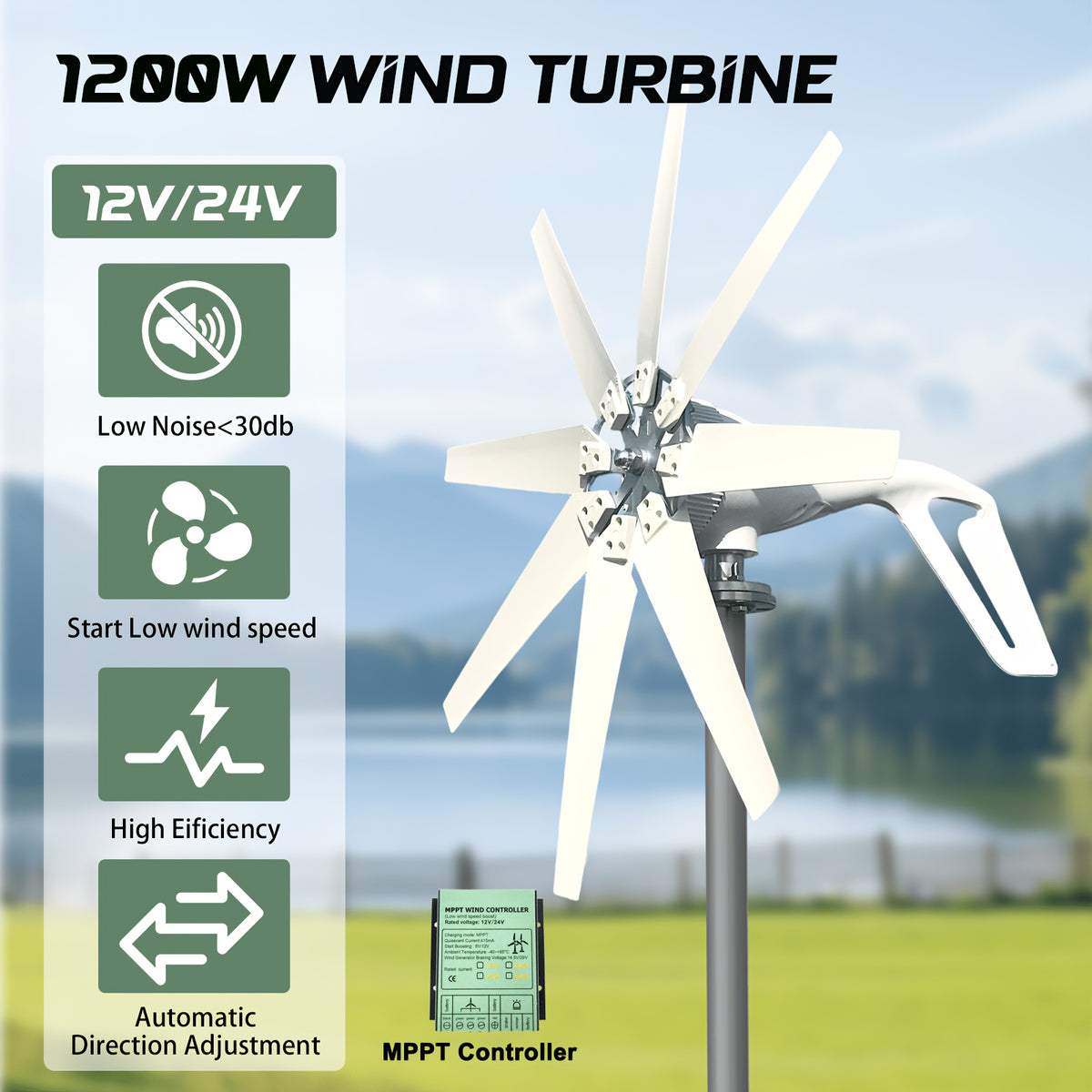 US Stock 1800W High Efficiency Wind Turbine 12V 24V Generator with Free MPPT Controller Off Grid System Output Voltage Home Appliance Power Supply System