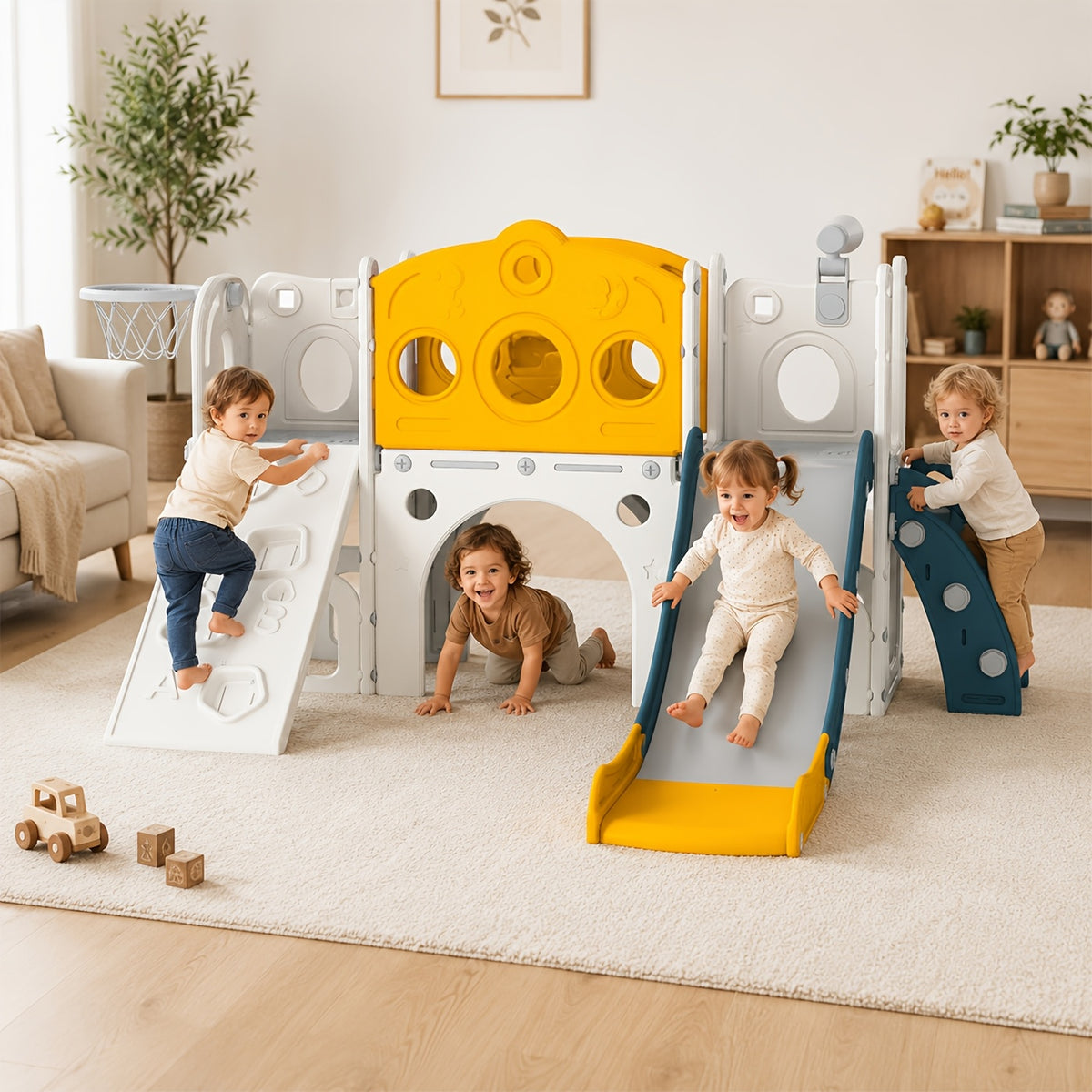 9in 1 Toddler Slide Set Playground Indoor & Outdoor Fun for Kids & Babies, Featuring Climbing Board, Basketball Hoop, Telescope, Storage Space And Non-Slip Steps