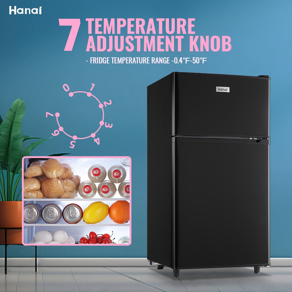 WANAI Double Door Small Refrigerator with Freezer-On-Top, 3.5 Cubic Feet Mini Fridge with 7-Level Adjustable Thermostat for Office, Dorm, Bedroom, Home And Apartment