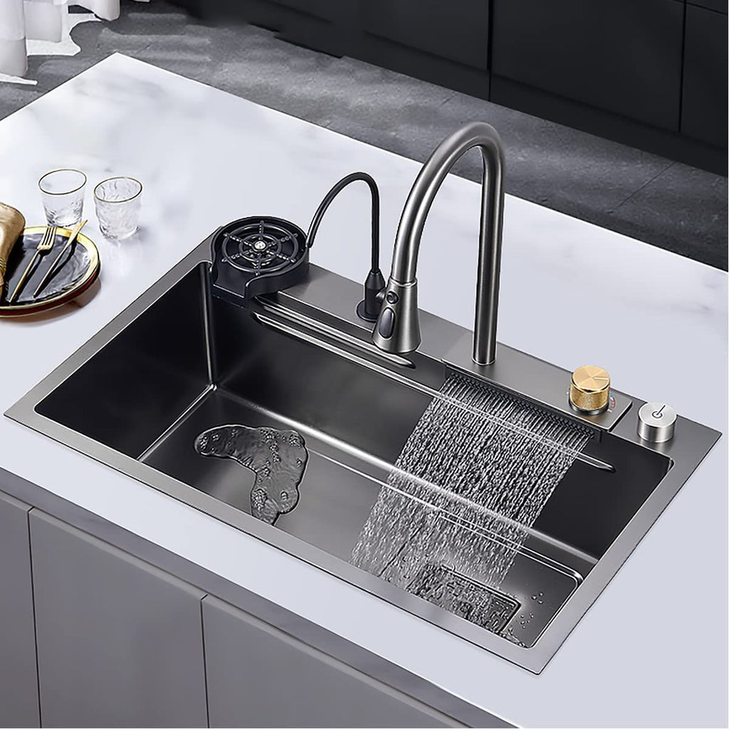 33x22 INCH Nano Black Flying Rain Drop In Stainless Steel Watefall Kitchen Sink Single Bowl with Pull Down Faucet Set Accessories Included