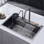 33x22 INCH Nano Black Flying Rain Drop In Stainless Steel Watefall Kitchen Sink Single Bowl with Pull Down Faucet Set Accessories Included