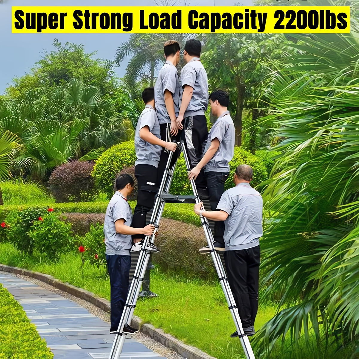 Ladders14 FT A-Frame Extension Ladder, Step Ladder Heavy Duty Stainless Steel Telescoping Ladder with Stabilizer Bar, 350 Lbs Capacity Multi-Position Ladder for Home, Indoor, Outdoor, Stairs, Roof, Folding Storage Ladder