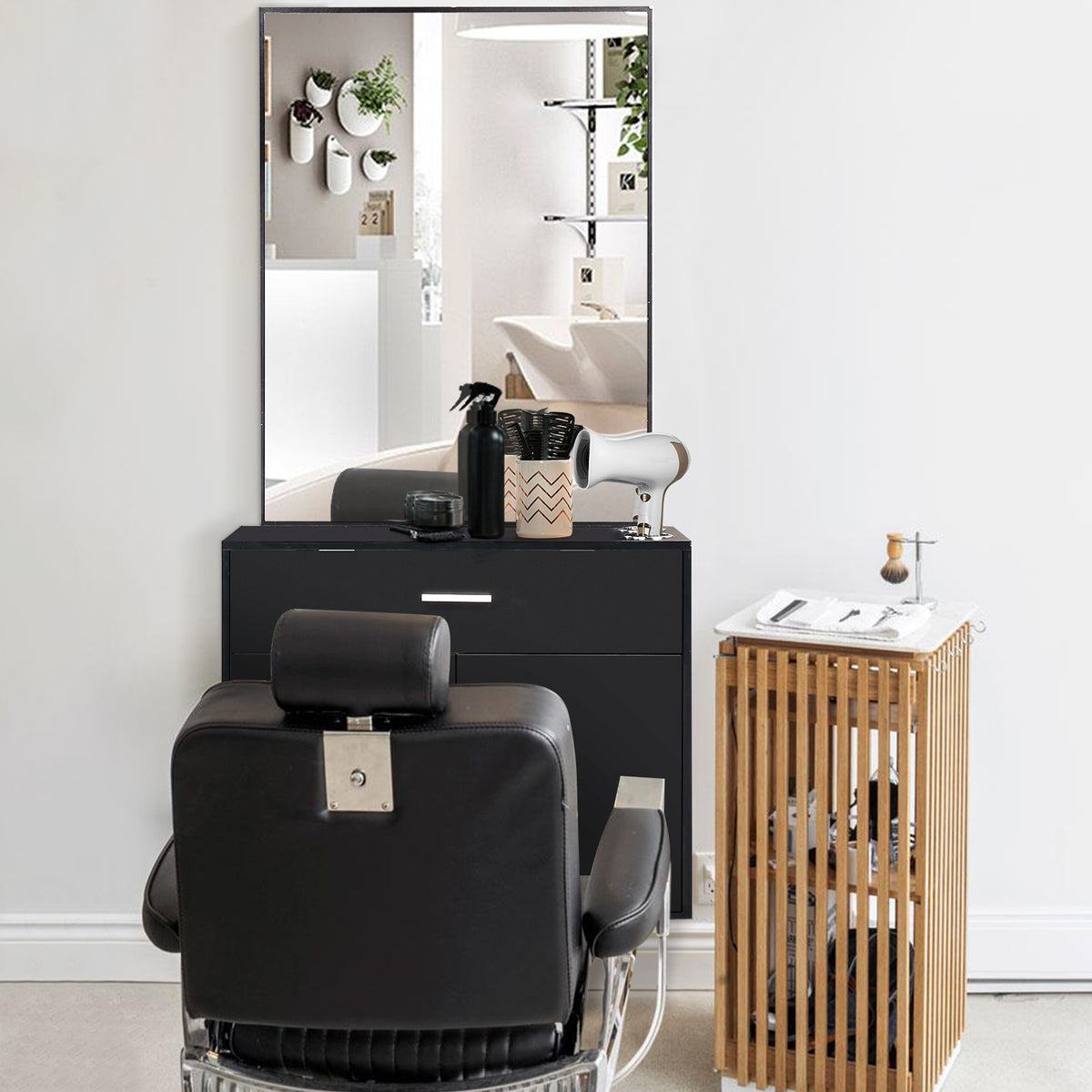 Wall-Mounted Salon Station for Hairdressing, Featuring a Mirror, One Drawer, One Storage Cabinet, And Two Hairdryer Holders, Suitable for Beauty Salons, Personal Studios, And Hair Salons - Black