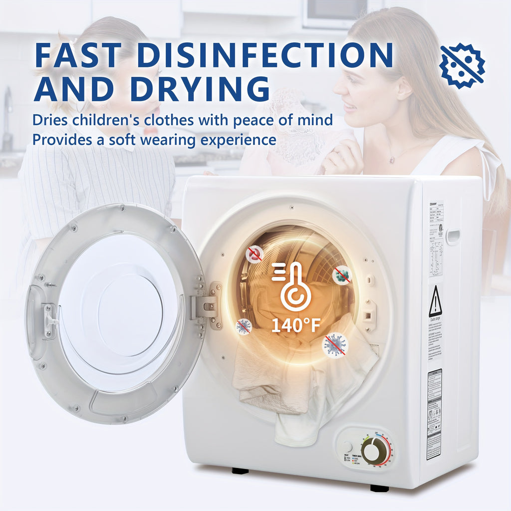850W Compact Portable Clothes Dryer, 110V, 1.5/1.6/1.85/2.65Cu.ft Front Load with Stainless Steel Tub, Electric Laundry Drying Machine, Easy to Control, Perfect for Apartments, RVs, Dorms, In White.