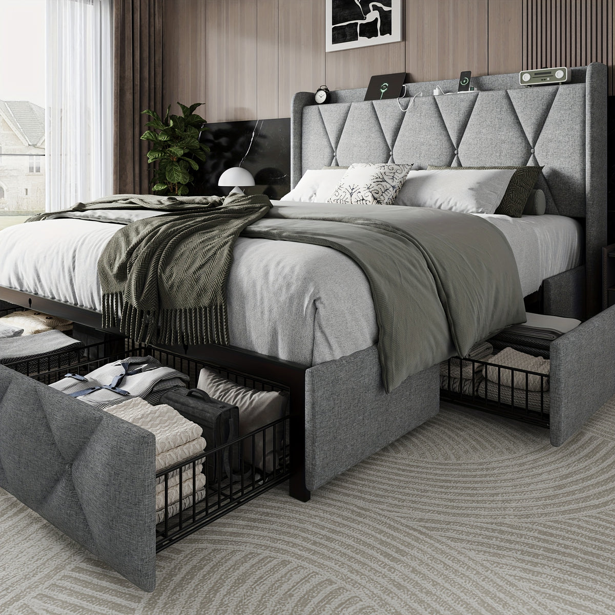 Halence 4 Drawers Storage Bed Frame With Wingback Headboard, Headboard With Built-in Charging Design, Metal And Hardwood Support, Easy Assembly, Suitable For Master Bedroom, Bed Frame Without Mattress