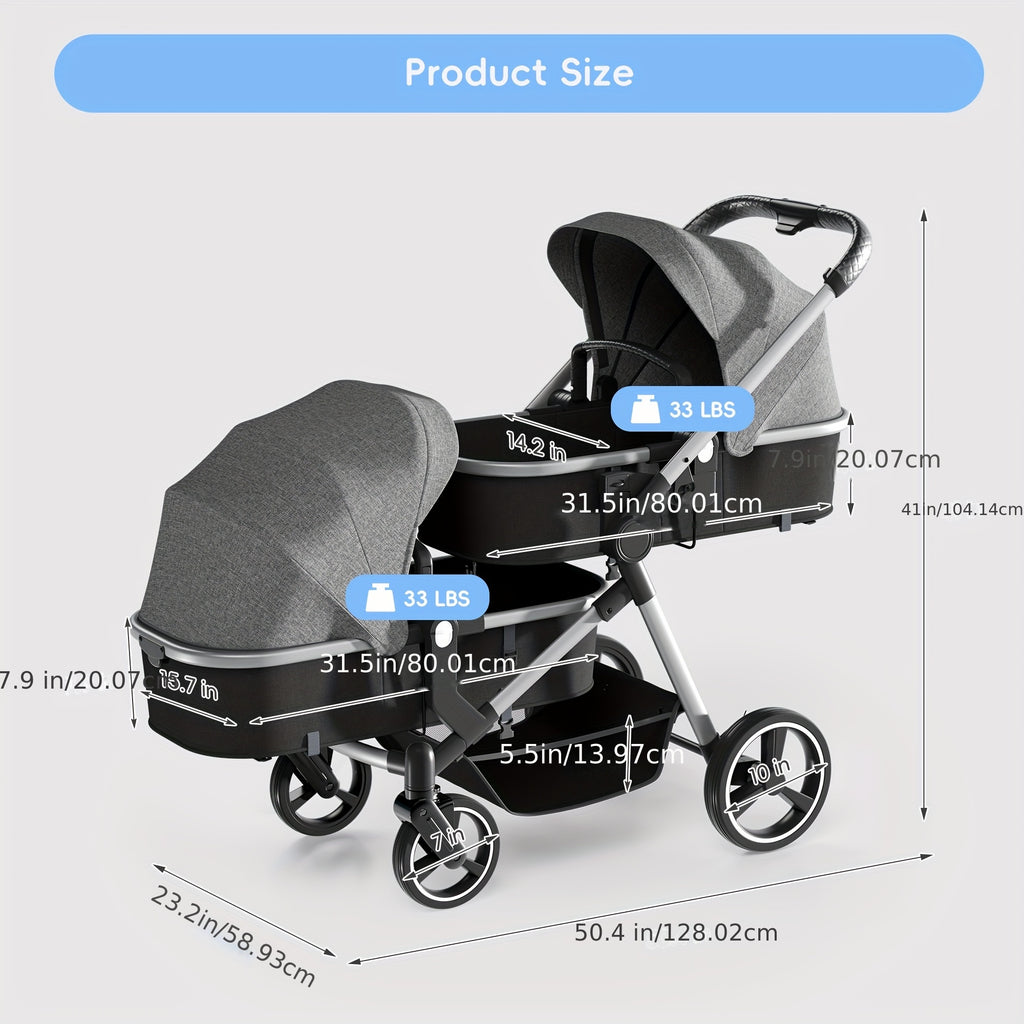Foldable Double Stroller - Tandem Design with Adjustable Backrest, Reversible Seat, Five-point Safety Harness and Storage Basket - Convertible Bassinet for Infants and Toddlers