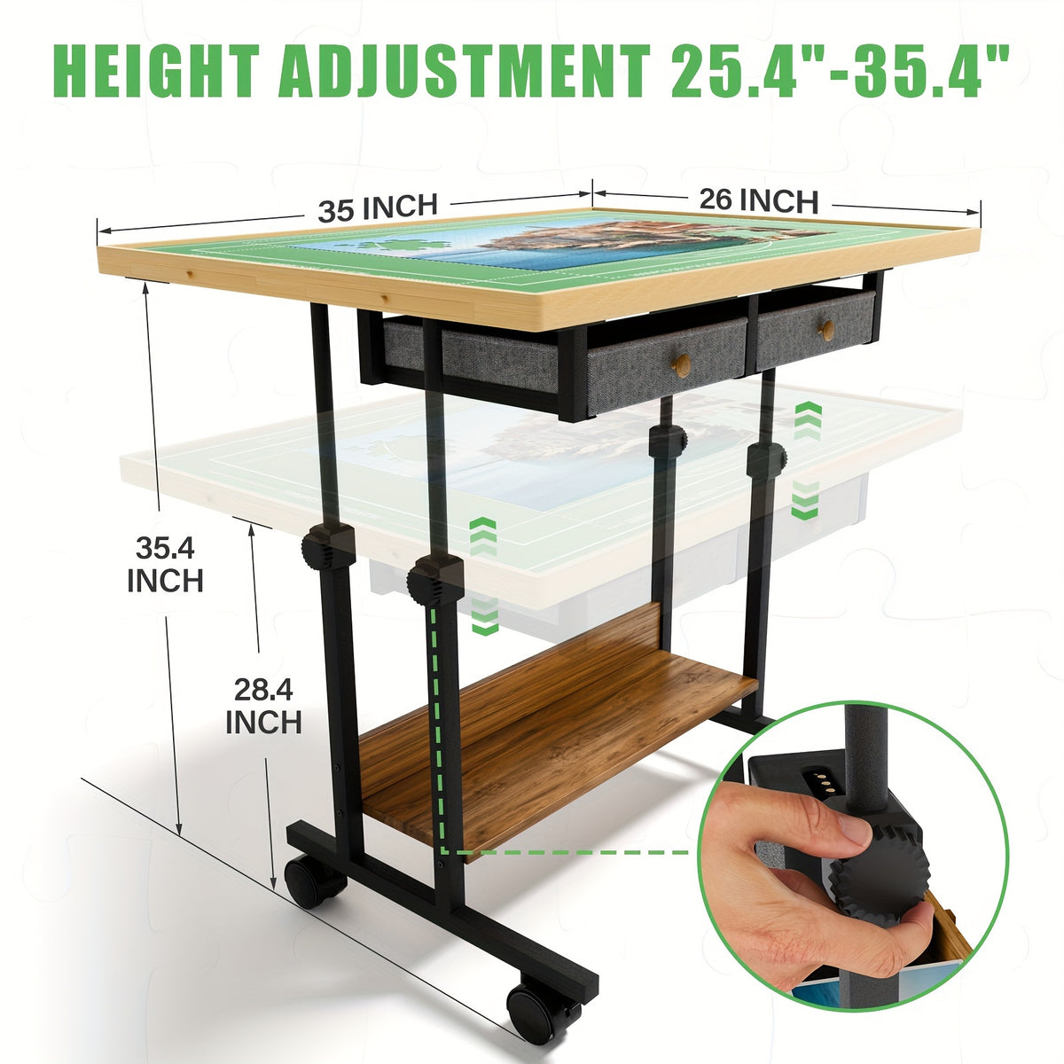 Puzzle Table with Legs, Adjustable 5-Tilting-Angle Board with 6 Drawers & Cover, 35"x 26" Wooden Puzzle Board with 4 Wheels for Adults