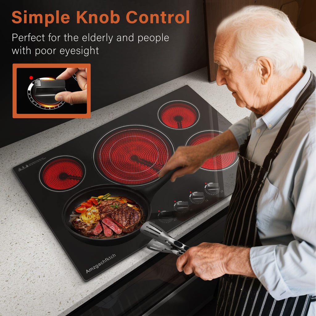 5 Burner Countertop Electric Cooktop, 30 Inch Built-in Ceramic Stove Top, 30" Radiant Electric Stove Top With Knob Control, Hot Surface Indicator, 9000W, 220V-240V Hard Wire(No Plug)